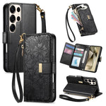 Portafoglio in pelle con cerniera e cinturino, motivo fiori e foglie, con cinturino., For Samsung Galaxy A35 5G, For Samsung Galaxy S24 Ultra 5G, For Samsung Galaxy S24+ 5G, For Samsung Galaxy S24 5G