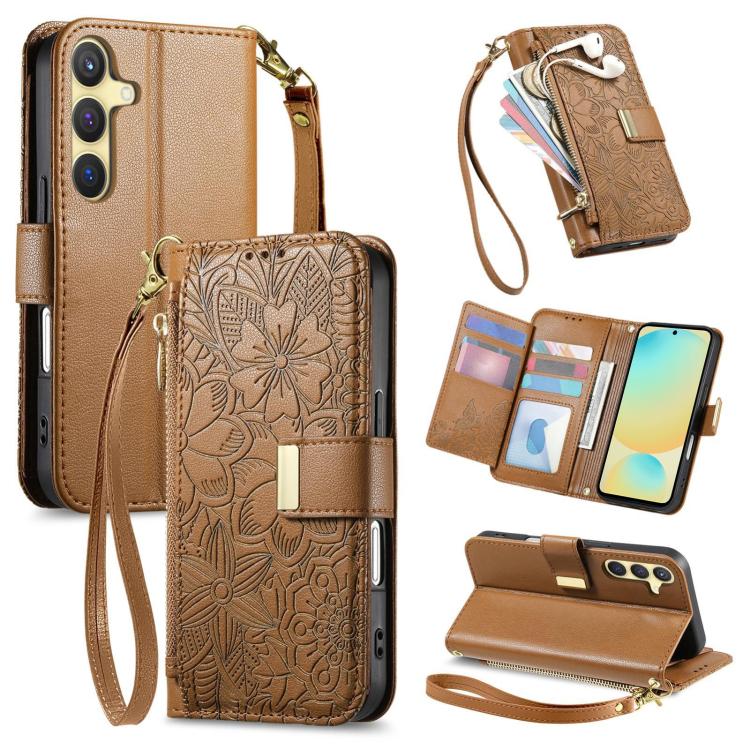 Portafoglio in pelle con cerniera e cinturino, motivo fiori e foglie, con cinturino., For Samsung Galaxy S25 Ultra 5G, For Samsung Galaxy S24 FE 5G, For Samsung Galaxy M15 5G, For Samsung Galaxy A55 5G