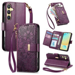 Portafoglio in pelle con cerniera e cinturino, motivo fiori e foglie, con cinturino., For Samsung Galaxy S25 Ultra 5G, For Samsung Galaxy S24 FE 5G, For Samsung Galaxy M15 5G, For Samsung Galaxy A55 5G