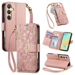 Portafoglio in pelle con cerniera e cinturino, motivo fiori e foglie, con cinturino., For Samsung Galaxy S25 Ultra 5G, For Samsung Galaxy S24 FE 5G, For Samsung Galaxy M15 5G, For Samsung Galaxy A55 5G
