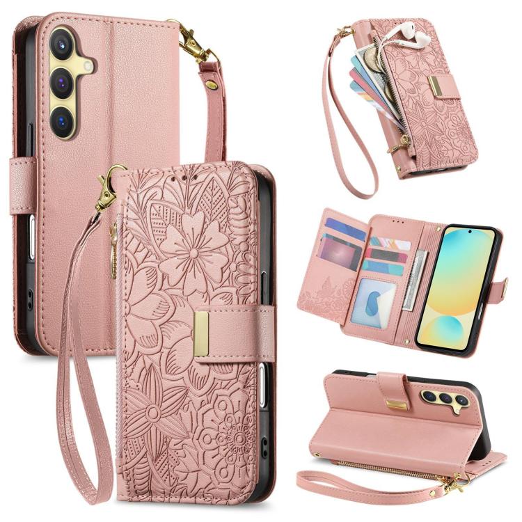 Portafoglio in pelle con cerniera e cinturino, motivo fiori e foglie, con cinturino., For Samsung Galaxy S25 Ultra 5G, For Samsung Galaxy S24 FE 5G, For Samsung Galaxy M15 5G, For Samsung Galaxy A55 5G