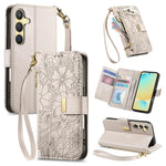 Portafoglio in pelle con cerniera e cinturino, motivo fiori e foglie, con cinturino., For Samsung Galaxy S25 Ultra 5G, For Samsung Galaxy S24 FE 5G, For Samsung Galaxy M15 5G, For Samsung Galaxy A55 5G
