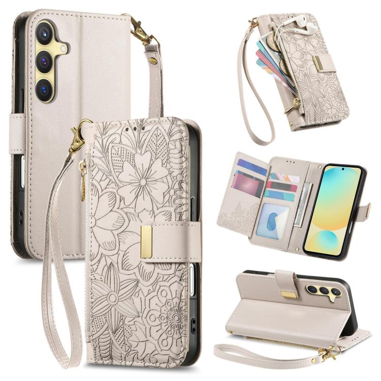 Portafoglio in pelle con cerniera e cinturino, motivo fiori e foglie, con cinturino., For Samsung Galaxy S25 Ultra 5G, For Samsung Galaxy S24 FE 5G, For Samsung Galaxy M15 5G, For Samsung Galaxy A55 5G