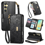 Portafoglio in pelle con cerniera e cinturino, motivo fiori e foglie, con cinturino., For Samsung Galaxy S25 Ultra 5G, For Samsung Galaxy S24 FE 5G, For Samsung Galaxy M15 5G, For Samsung Galaxy A55 5G