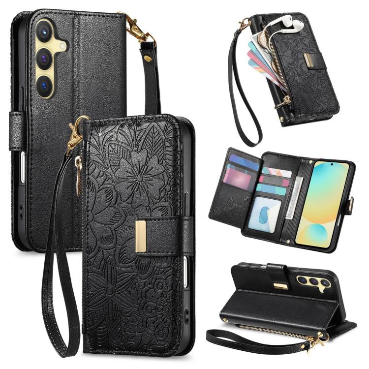 Portafoglio in pelle con cerniera e cinturino, motivo fiori e foglie, con cinturino., For Samsung Galaxy S25 Ultra 5G, For Samsung Galaxy S24 FE 5G, For Samsung Galaxy M15 5G, For Samsung Galaxy A55 5G