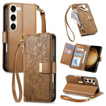 Portafoglio in pelle con cerniera e cinturino, motivo fiori e foglie, con cinturino., For Samsung Galaxy S23 FE 5G, For Samsung Galaxy S23 Ultra 5G, For Samsung Galaxy S23+ 5G, For Samsung Galaxy S23 5G