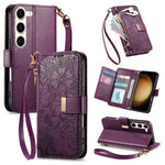Portafoglio in pelle con cerniera e cinturino, motivo fiori e foglie, con cinturino., For Samsung Galaxy S23 FE 5G, For Samsung Galaxy S23 Ultra 5G, For Samsung Galaxy S23+ 5G, For Samsung Galaxy S23 5G