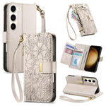 Portafoglio in pelle con cerniera e cinturino, motivo fiori e foglie, con cinturino., For Samsung Galaxy S23 FE 5G, For Samsung Galaxy S23 Ultra 5G, For Samsung Galaxy S23+ 5G, For Samsung Galaxy S23 5G