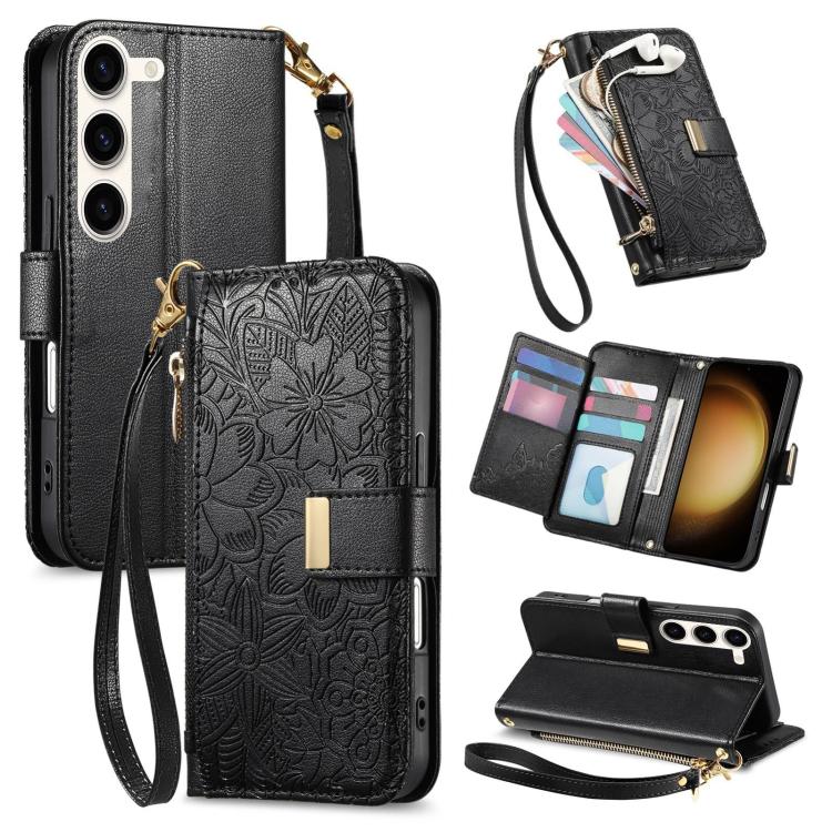 Portafoglio in pelle con cerniera e cinturino, motivo fiori e foglie, con cinturino., For Samsung Galaxy S23 FE 5G, For Samsung Galaxy S23 Ultra 5G, For Samsung Galaxy S23+ 5G, For Samsung Galaxy S23 5G