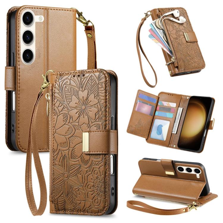 Portafoglio in pelle con cerniera e cinturino, motivo fiori e foglie, con cinturino., For Samsung Galaxy S23 FE 5G, For Samsung Galaxy S23 Ultra 5G, For Samsung Galaxy S23+ 5G, For Samsung Galaxy S23 5G