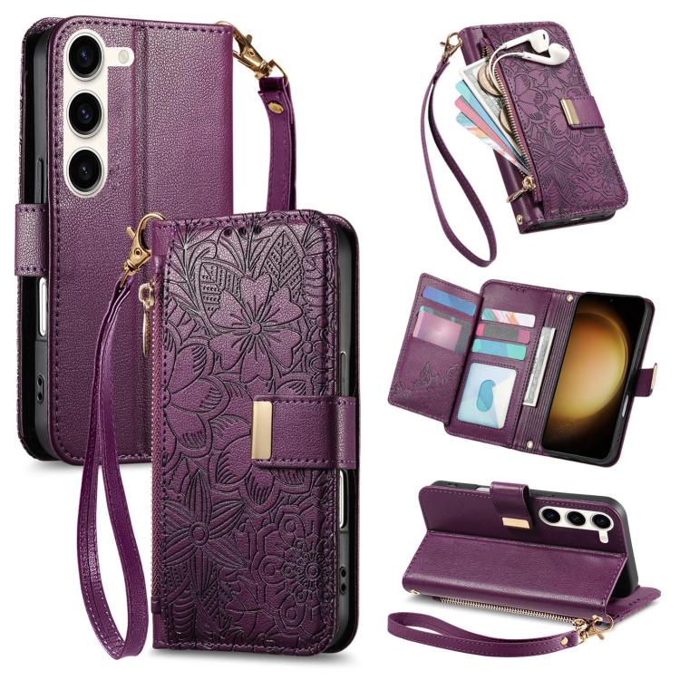 Portafoglio in pelle con cerniera e cinturino, motivo fiori e foglie, con cinturino., For Samsung Galaxy S23 FE 5G, For Samsung Galaxy S23 Ultra 5G, For Samsung Galaxy S23+ 5G, For Samsung Galaxy S23 5G