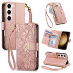 Portafoglio in pelle con cerniera e cinturino, motivo fiori e foglie, con cinturino., For Samsung Galaxy S23 FE 5G, For Samsung Galaxy S23 Ultra 5G, For Samsung Galaxy S23+ 5G, For Samsung Galaxy S23 5G