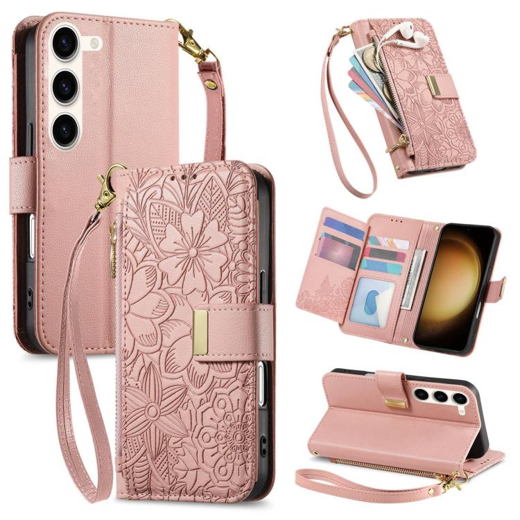 Portafoglio in pelle con cerniera e cinturino, motivo fiori e foglie, con cinturino., For Samsung Galaxy S23 FE 5G, For Samsung Galaxy S23 Ultra 5G, For Samsung Galaxy S23+ 5G, For Samsung Galaxy S23 5G