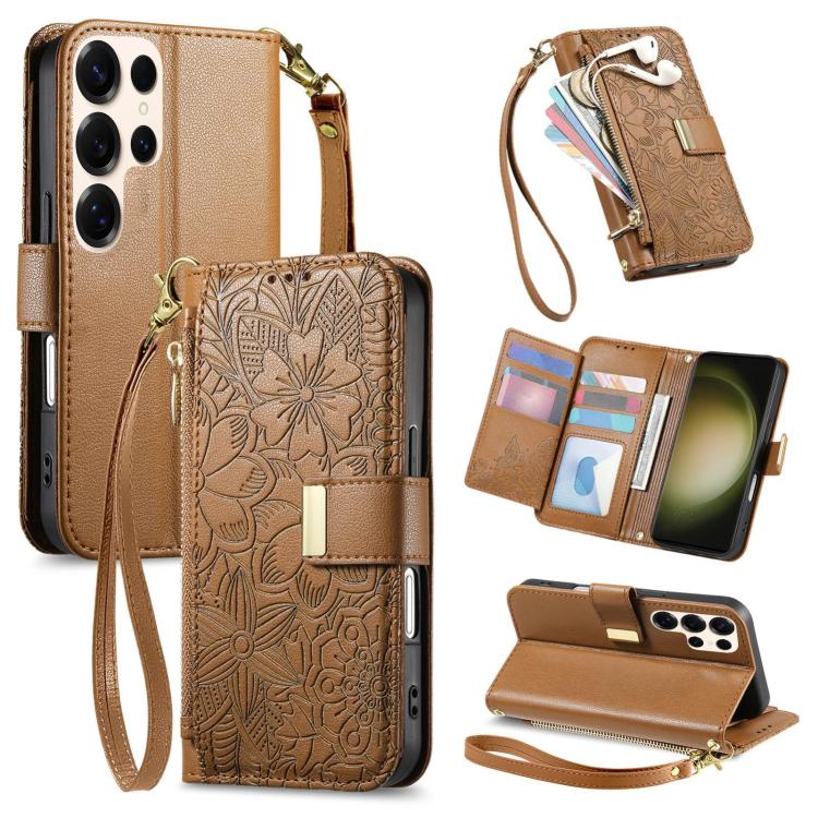 Portafoglio in pelle con cerniera e cinturino, motivo fiori e foglie, con cinturino., For Samsung Galaxy S23 FE 5G, For Samsung Galaxy S23 Ultra 5G, For Samsung Galaxy S23+ 5G, For Samsung Galaxy S23 5G