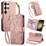 Portafoglio in pelle con cerniera e cinturino, motivo fiori e foglie, con cinturino., For Samsung Galaxy S23 FE 5G, For Samsung Galaxy S23 Ultra 5G, For Samsung Galaxy S23+ 5G, For Samsung Galaxy S23 5G