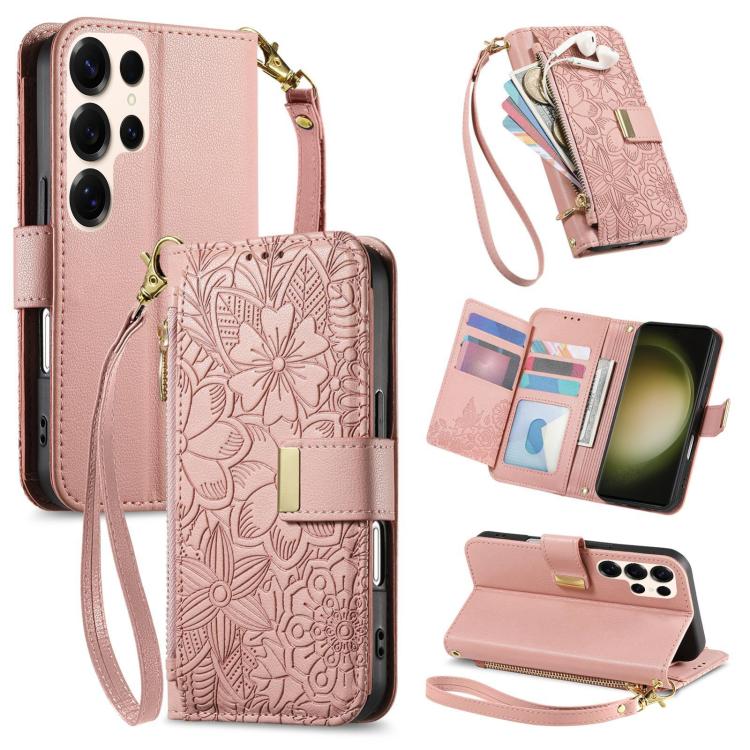 Portafoglio in pelle con cerniera e cinturino, motivo fiori e foglie, con cinturino., For Samsung Galaxy S23 FE 5G, For Samsung Galaxy S23 Ultra 5G, For Samsung Galaxy S23+ 5G, For Samsung Galaxy S23 5G