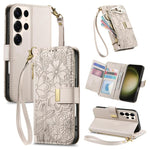 Portafoglio in pelle con cerniera e cinturino, motivo fiori e foglie, con cinturino., For Samsung Galaxy S23 FE 5G, For Samsung Galaxy S23 Ultra 5G, For Samsung Galaxy S23+ 5G, For Samsung Galaxy S23 5G
