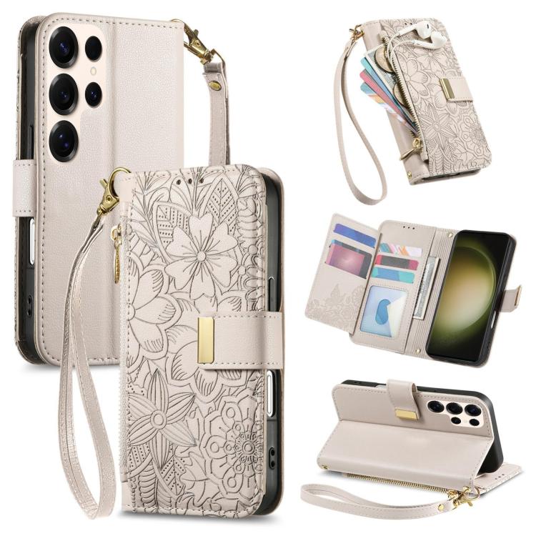 Portafoglio in pelle con cerniera e cinturino, motivo fiori e foglie, con cinturino., For Samsung Galaxy S23 FE 5G, For Samsung Galaxy S23 Ultra 5G, For Samsung Galaxy S23+ 5G, For Samsung Galaxy S23 5G