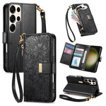 Portafoglio in pelle con cerniera e cinturino, motivo fiori e foglie, con cinturino., For Samsung Galaxy S23 FE 5G, For Samsung Galaxy S23 Ultra 5G, For Samsung Galaxy S23+ 5G, For Samsung Galaxy S23 5G