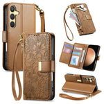 Portafoglio in pelle con cerniera e cinturino, motivo fiori e foglie, con cinturino., For Samsung Galaxy S23 FE 5G, For Samsung Galaxy S23 Ultra 5G, For Samsung Galaxy S23+ 5G, For Samsung Galaxy S23 5G