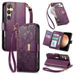 Portafoglio in pelle con cerniera e cinturino, motivo fiori e foglie, con cinturino., For Samsung Galaxy S23 FE 5G, For Samsung Galaxy S23 Ultra 5G, For Samsung Galaxy S23+ 5G, For Samsung Galaxy S23 5G