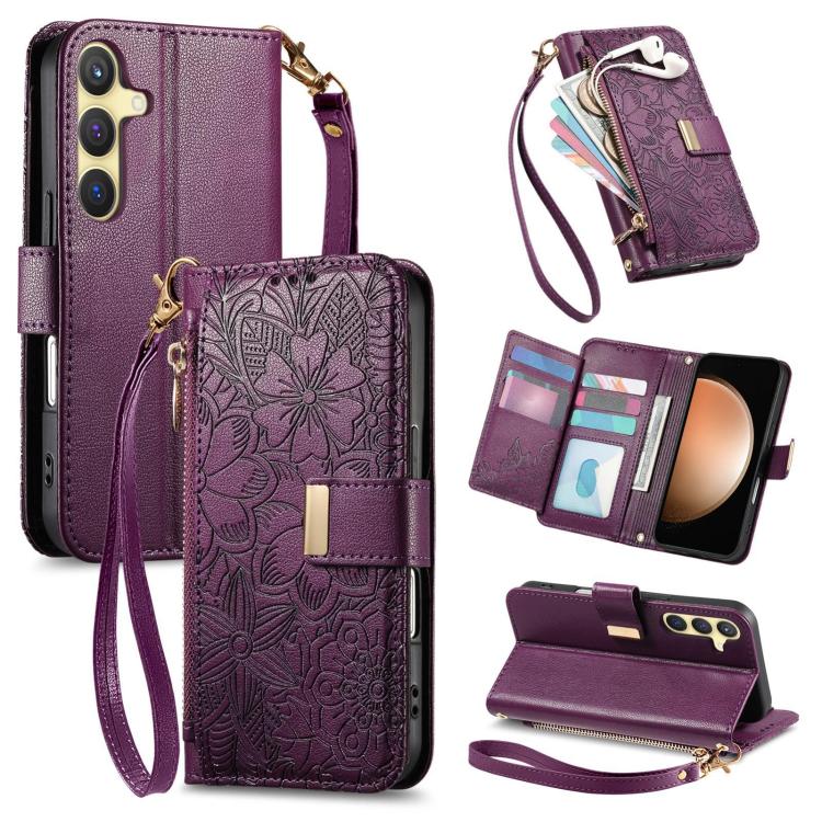 Portafoglio in pelle con cerniera e cinturino, motivo fiori e foglie, con cinturino., For Samsung Galaxy S23 FE 5G, For Samsung Galaxy S23 Ultra 5G, For Samsung Galaxy S23+ 5G, For Samsung Galaxy S23 5G