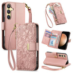 Portafoglio in pelle con cerniera e cinturino, motivo fiori e foglie, con cinturino., For Samsung Galaxy S23 FE 5G, For Samsung Galaxy S23 Ultra 5G, For Samsung Galaxy S23+ 5G, For Samsung Galaxy S23 5G
