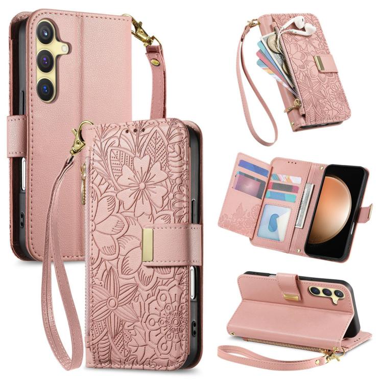 Portafoglio in pelle con cerniera e cinturino, motivo fiori e foglie, con cinturino., For Samsung Galaxy S23 FE 5G, For Samsung Galaxy S23 Ultra 5G, For Samsung Galaxy S23+ 5G, For Samsung Galaxy S23 5G