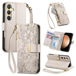 Portafoglio in pelle con cerniera e cinturino, motivo fiori e foglie, con cinturino., For Samsung Galaxy S23 FE 5G, For Samsung Galaxy S23 Ultra 5G, For Samsung Galaxy S23+ 5G, For Samsung Galaxy S23 5G