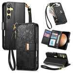 Portafoglio in pelle con cerniera e cinturino, motivo fiori e foglie, con cinturino., For Samsung Galaxy S23 FE 5G, For Samsung Galaxy S23 Ultra 5G, For Samsung Galaxy S23+ 5G, For Samsung Galaxy S23 5G