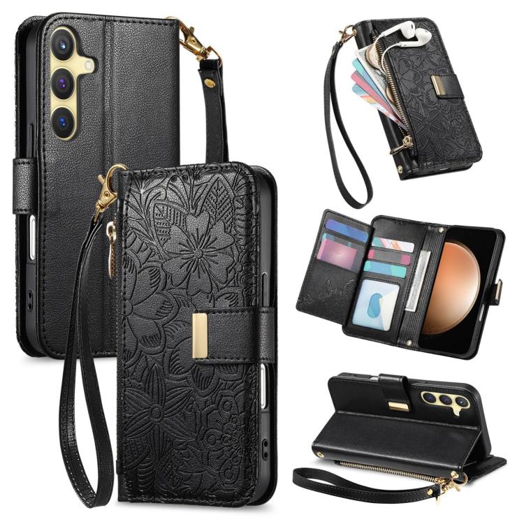 Portafoglio in pelle con cerniera e cinturino, motivo fiori e foglie, con cinturino., For Samsung Galaxy S23 FE 5G, For Samsung Galaxy S23 Ultra 5G, For Samsung Galaxy S23+ 5G, For Samsung Galaxy S23 5G