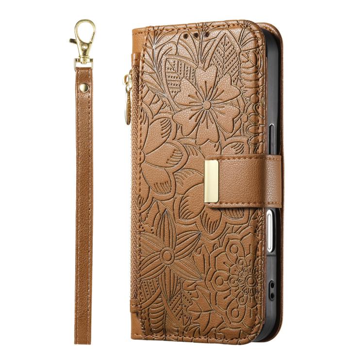 Portafoglio in pelle con cerniera e cinturino, motivo fiori e foglie, con cinturino., For Samsung Galaxy A15, For Samsung Galaxy A05, For Samsung Galaxy A05s, For Samsung Galaxy A25 5G