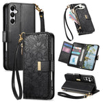 Portafoglio in pelle con cerniera e cinturino, motivo fiori e foglie, con cinturino., For Samsung Galaxy A15, For Samsung Galaxy A05, For Samsung Galaxy A05s, For Samsung Galaxy A25 5G
