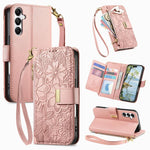 Portafoglio in pelle con cerniera e cinturino, motivo fiori e foglie, con cinturino., For Samsung Galaxy A06, For Samsung Galaxy A16