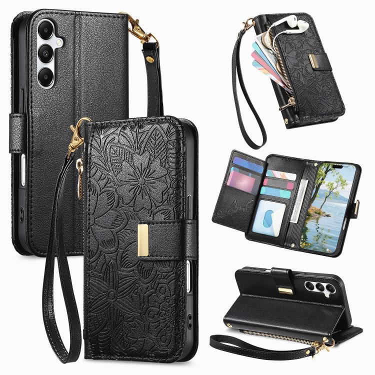 Portafoglio in pelle con cerniera e cinturino, motivo fiori e foglie, con cinturino., For Samsung Galaxy A06, For Samsung Galaxy A16