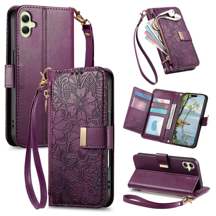 Portafoglio in pelle con cerniera e cinturino, motivo fiori e foglie, con cinturino., For Samsung Galaxy A15, For Samsung Galaxy A05, For Samsung Galaxy A05s, For Samsung Galaxy A25 5G