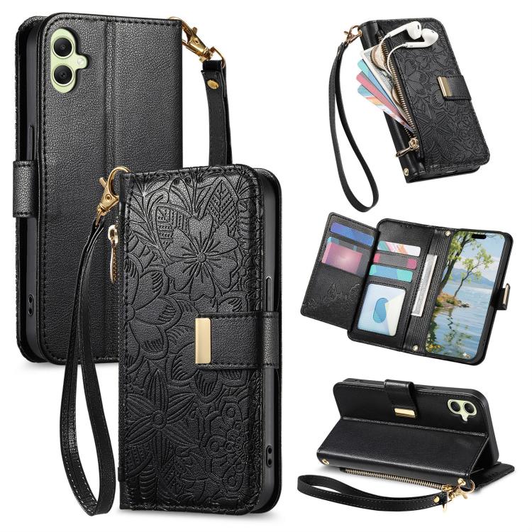 Portafoglio in pelle con cerniera e cinturino, motivo fiori e foglie, con cinturino., For Samsung Galaxy A15, For Samsung Galaxy A05, For Samsung Galaxy A05s, For Samsung Galaxy A25 5G