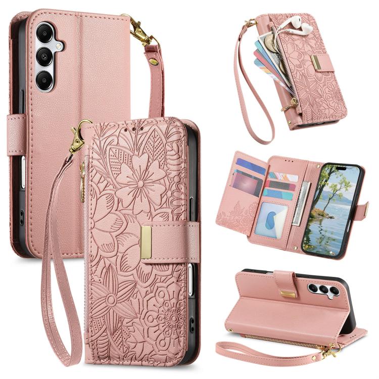 Portafoglio in pelle con cerniera e cinturino, motivo fiori e foglie, con cinturino., For Samsung Galaxy A15, For Samsung Galaxy A05, For Samsung Galaxy A05s, For Samsung Galaxy A25 5G