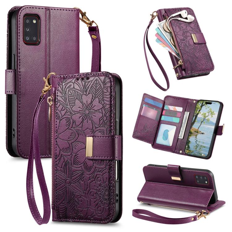 Portafoglio in pelle con cerniera e cinturino, motivo fiori e foglie, con cinturino., For Samsung Galaxy A53 5G, For Samsung Galaxy A51 5G, For Samsung Galaxy A31, For Samsung Galaxy A71