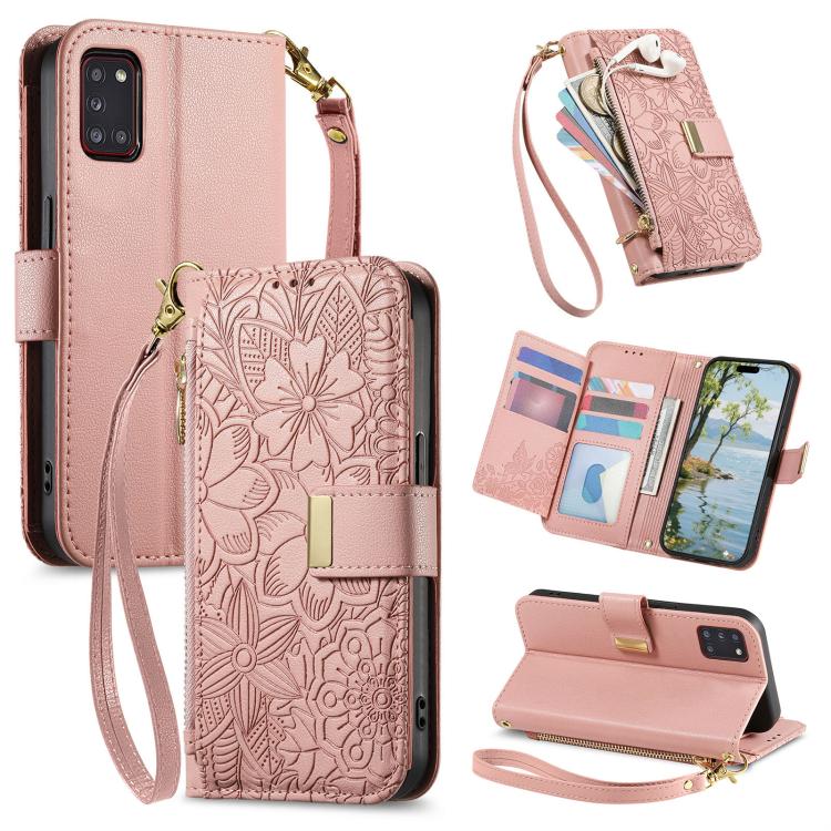 Portafoglio in pelle con cerniera e cinturino, motivo fiori e foglie, con cinturino., For Samsung Galaxy A53 5G, For Samsung Galaxy A51 5G, For Samsung Galaxy A31, For Samsung Galaxy A71