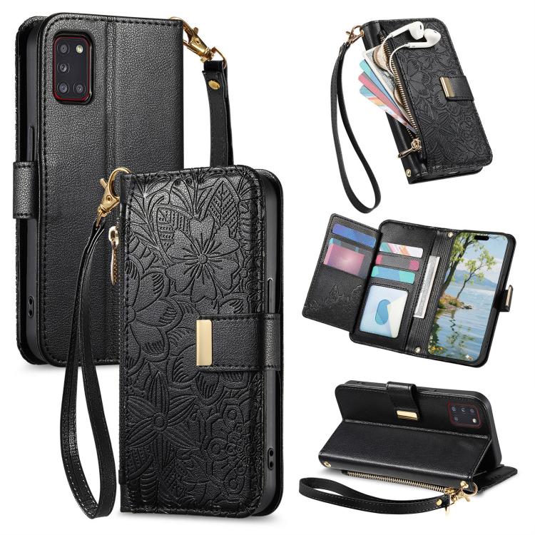 Portafoglio in pelle con cerniera e cinturino, motivo fiori e foglie, con cinturino., For Samsung Galaxy A53 5G, For Samsung Galaxy A51 5G, For Samsung Galaxy A31, For Samsung Galaxy A71
