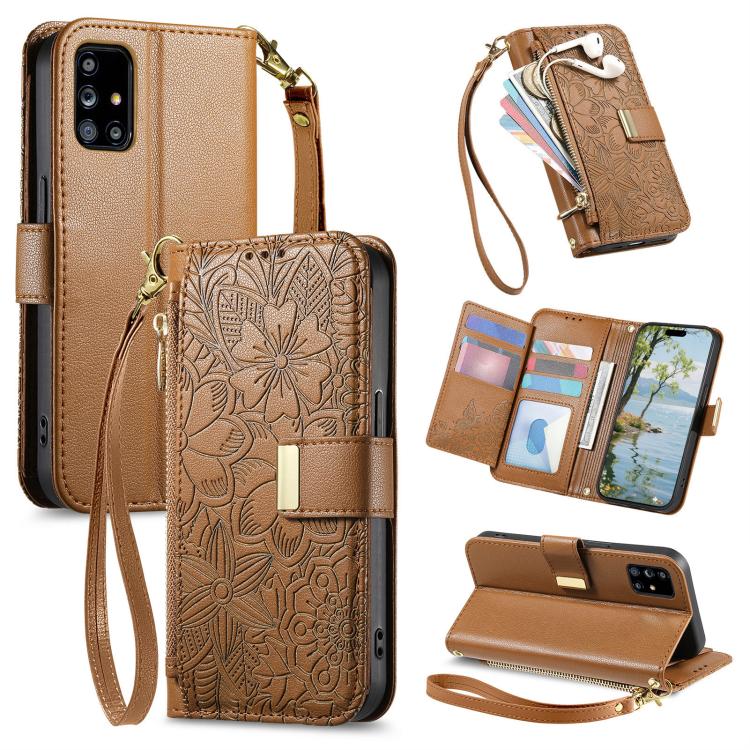 Portafoglio in pelle con cerniera e cinturino, motivo fiori e foglie, con cinturino., For Samsung Galaxy A53 5G, For Samsung Galaxy A51 5G, For Samsung Galaxy A31, For Samsung Galaxy A71