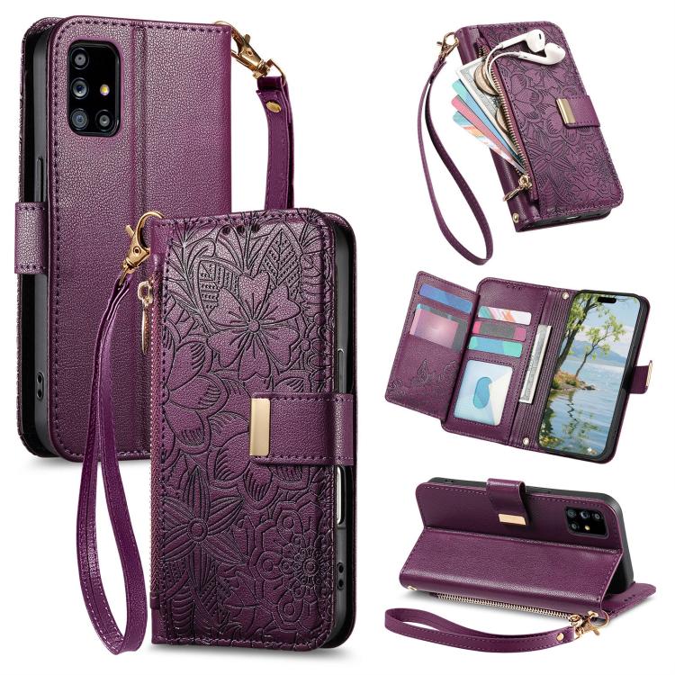 Portafoglio in pelle con cerniera e cinturino, motivo fiori e foglie, con cinturino., For Samsung Galaxy A53 5G, For Samsung Galaxy A51 5G, For Samsung Galaxy A31, For Samsung Galaxy A71