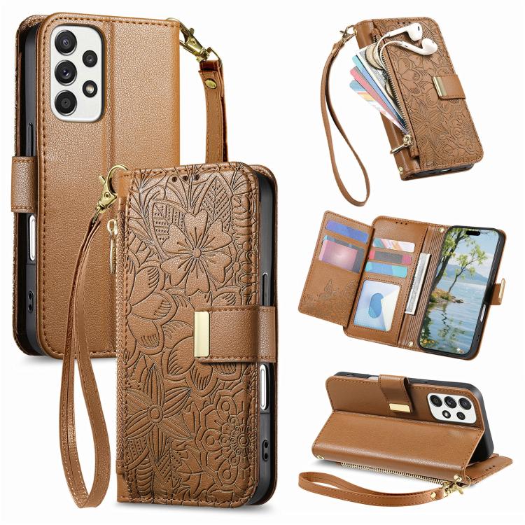 Portafoglio in pelle con cerniera e cinturino, motivo fiori e foglie, con cinturino., For Samsung Galaxy A53 5G, For Samsung Galaxy A51 5G, For Samsung Galaxy A31, For Samsung Galaxy A71