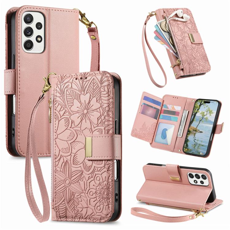 Portafoglio in pelle con cerniera e cinturino, motivo fiori e foglie, con cinturino., For Samsung Galaxy A53 5G, For Samsung Galaxy A51 5G, For Samsung Galaxy A31, For Samsung Galaxy A71