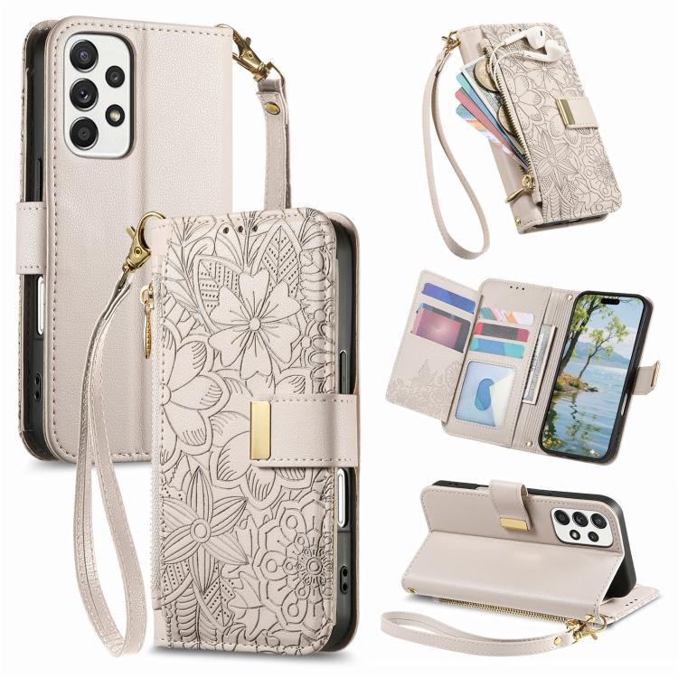 Portafoglio in pelle con cerniera e cinturino, motivo fiori e foglie, con cinturino., For Samsung Galaxy A53 5G, For Samsung Galaxy A51 5G, For Samsung Galaxy A31, For Samsung Galaxy A71