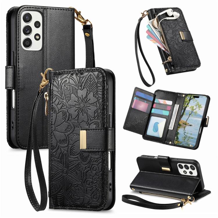 Portafoglio in pelle con cerniera e cinturino, motivo fiori e foglie, con cinturino., For Samsung Galaxy A53 5G, For Samsung Galaxy A51 5G, For Samsung Galaxy A31, For Samsung Galaxy A71