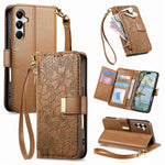Portafoglio in pelle con cerniera e cinturino, motivo fiori e foglie, con cinturino., For Samsung Galaxy S25 Ultra 5G, For Samsung Galaxy S24 FE 5G, For Samsung Galaxy M15 5G, For Samsung Galaxy A55 5G