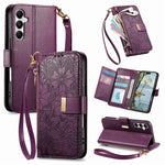 Portafoglio in pelle con cerniera e cinturino, motivo fiori e foglie, con cinturino., For Samsung Galaxy S25 Ultra 5G, For Samsung Galaxy S24 FE 5G, For Samsung Galaxy M15 5G, For Samsung Galaxy A55 5G