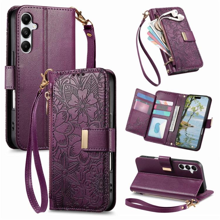 Portafoglio in pelle con cerniera e cinturino, motivo fiori e foglie, con cinturino., For Samsung Galaxy S25 Ultra 5G, For Samsung Galaxy S24 FE 5G, For Samsung Galaxy M15 5G, For Samsung Galaxy A55 5G